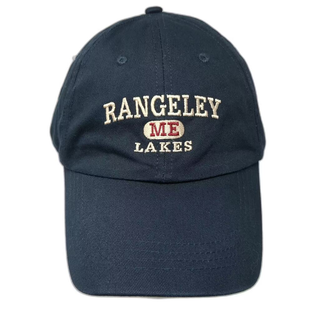 Mountain Baseball Cap Blue Beige Rangeley ME Lakes Embroidered Hat OS Slideback